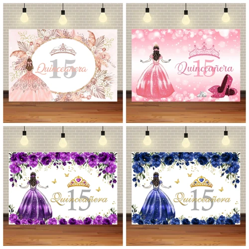 Fondo fotográfico para fiesta de cumpleaños de dulce 15 princesa, vestido de niña, corona brillante, fondo fotográfico Floral