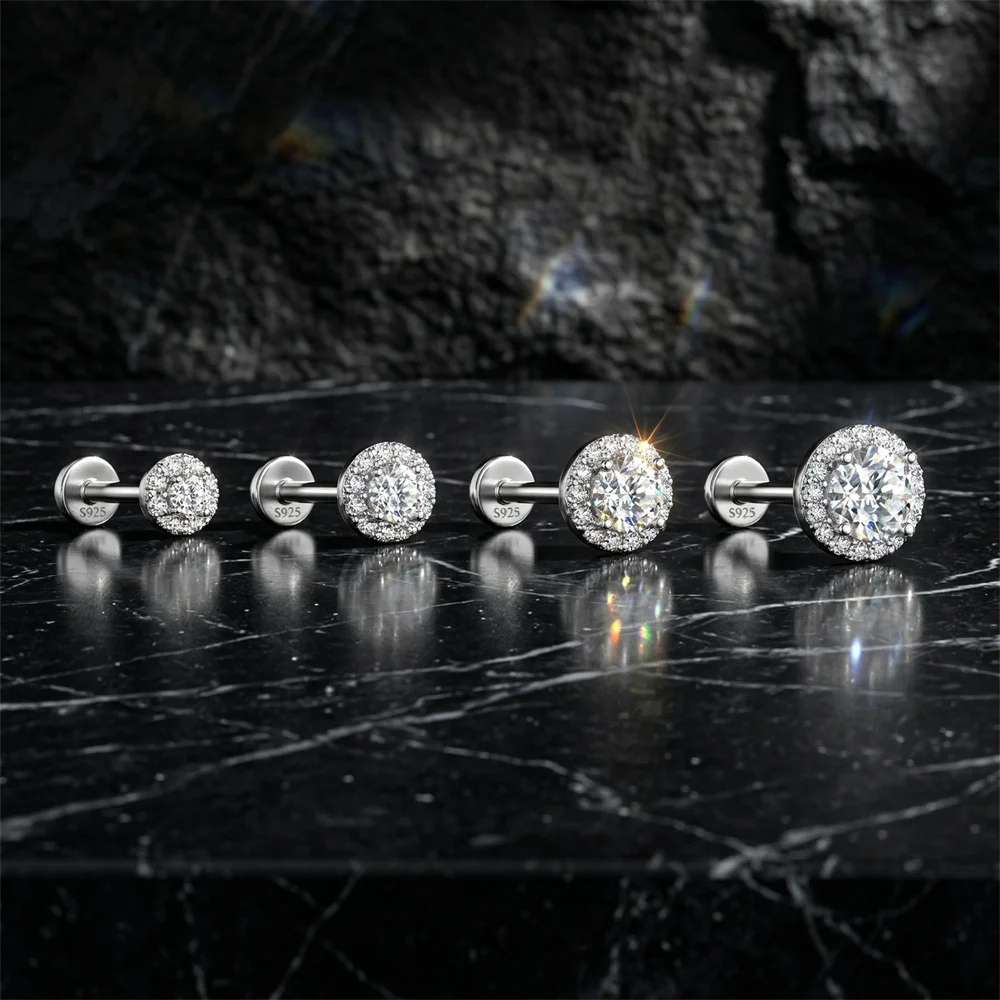 Aide 1 Stück 925 Sterling Silber Moissanit Halo Piercing Ohrstecker mit Schraubverschluss, rund, für Knorpel, 2-4 mm, für Damen und Herren – Detail 20