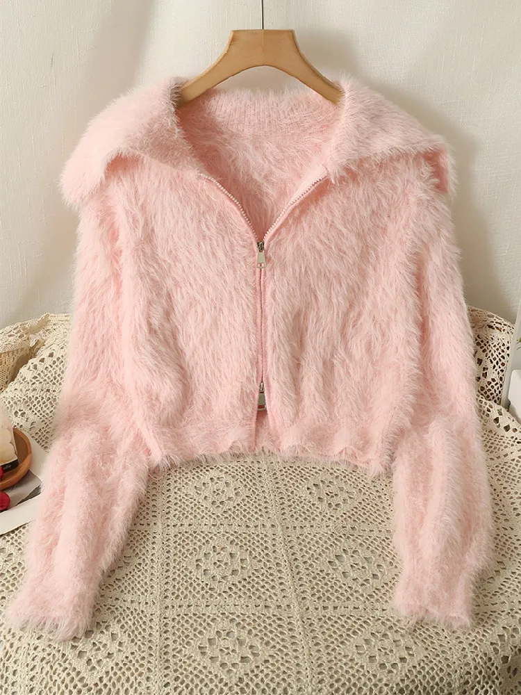 Korean style Turndown Collar Pink Cardigan Women Furry Zipper Kniwear Mujer Sweet Cropped Sweater Jackets Femme