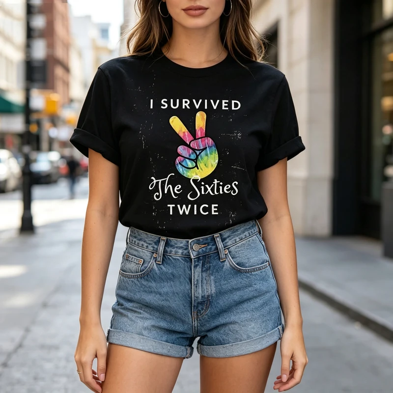 Retro Sixties Peace Tee I Survived The Sixties Twice Print Womens Cotton Short Sleeve Casual Gift  Oversized T Shirt Y2k Top