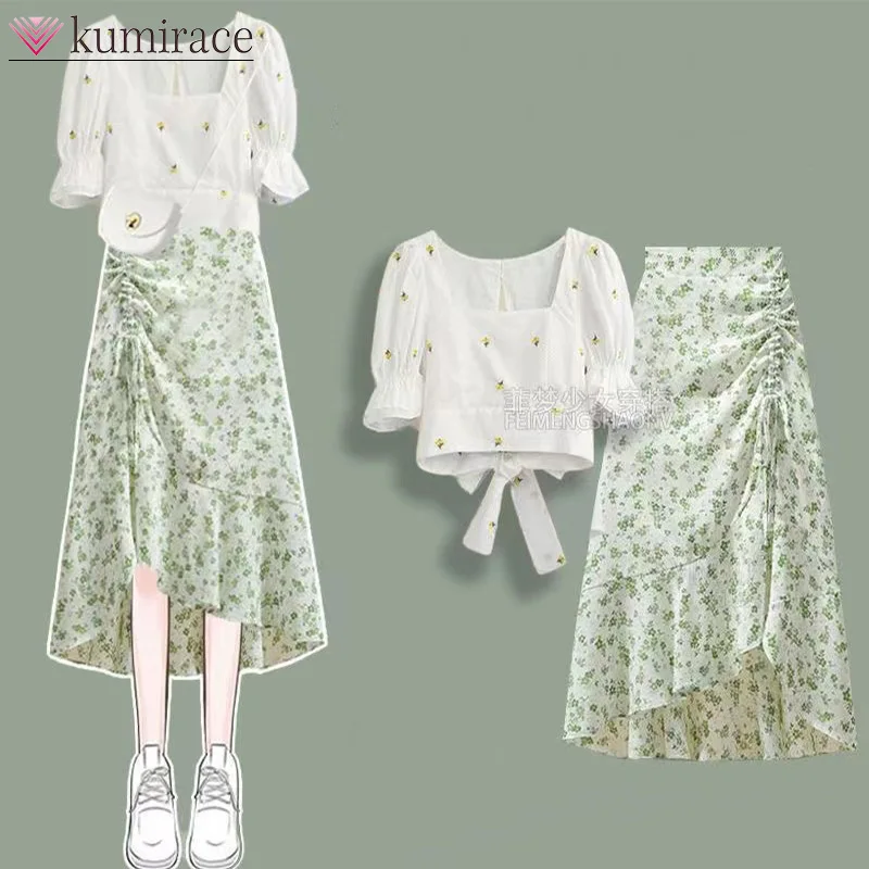 

A Complete Set of Summer Outfits for the 2024 New Oversized Women's Floral Lace Up Top, Slimming Half Skirt Two-piece Set Dress