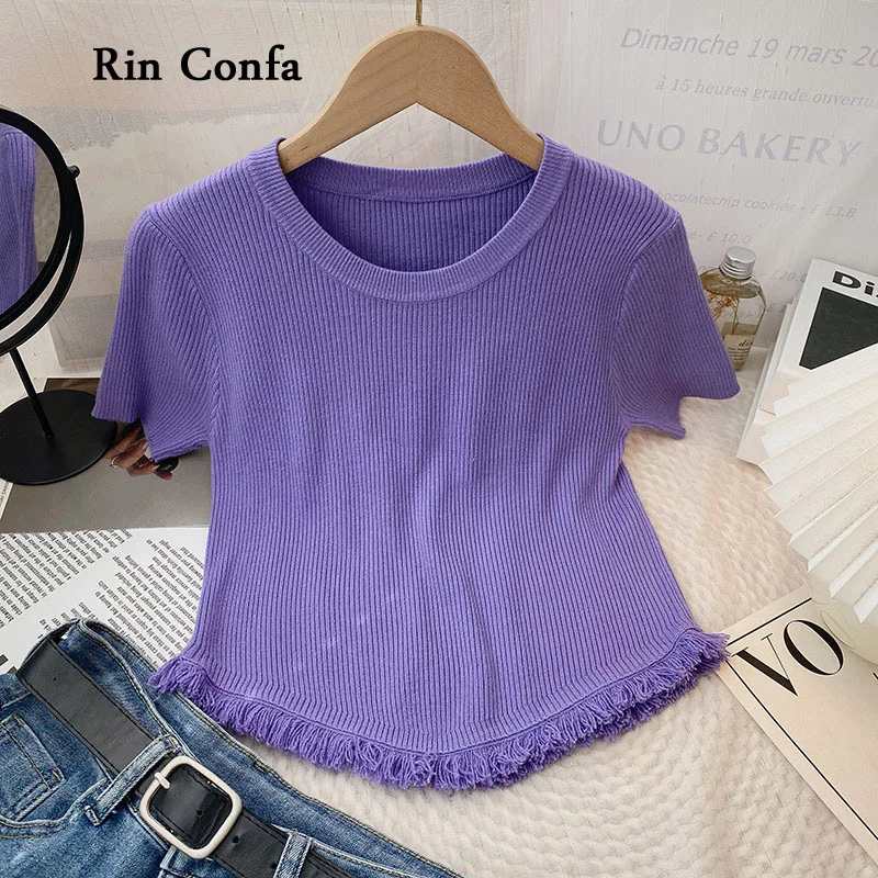 

Rin Confa Summer Knitting Short T-Shirt Fashion Tassels Design All-Match Tops Women O-Neck Cute Pure Colour Slim Thin T-Shirt