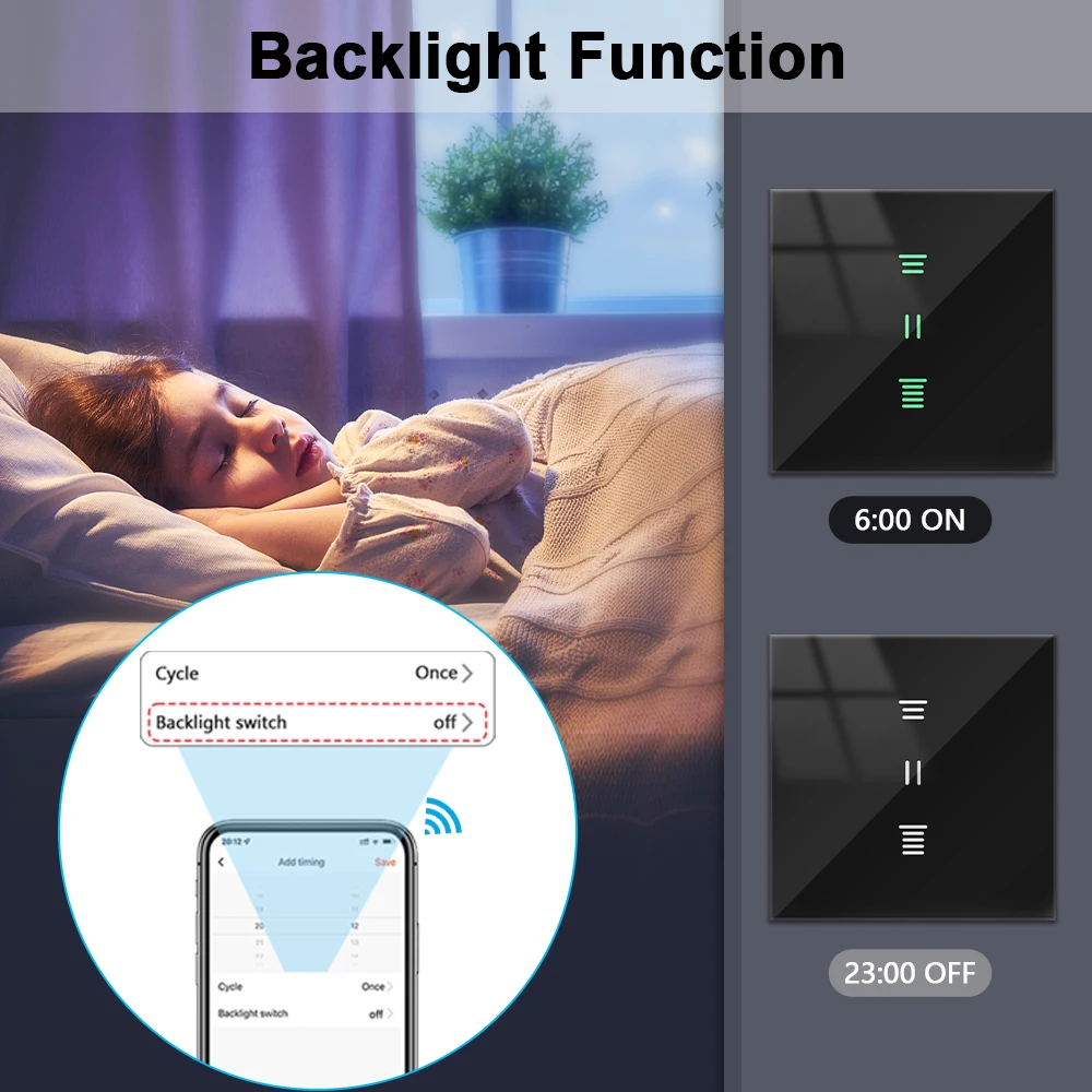 QCSMART Tuya Smart Life WiFi Blinds Switch Backlight App Remote Control Timing Voice Operate by Google Home Alexa Voice Control