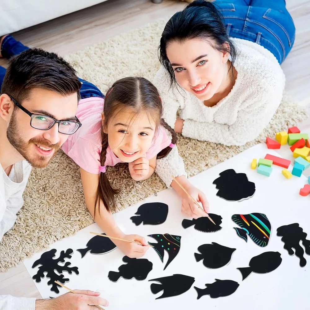 열대어 스크래치 카드 60장, 해양 스크래치 수공예품, 어린이는 바다 아래에 나무 펜을 사용합니다.