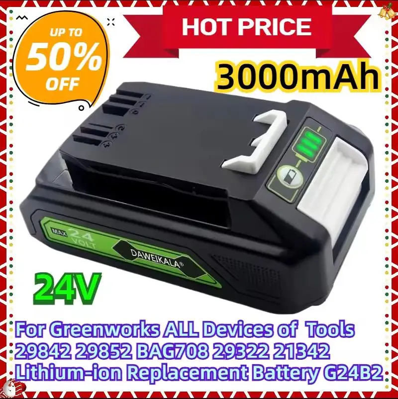 2024 24V 3.0Ah Lithium-ion Replacement Battery G24B2 for Greenworks ALL devices of 24V tools 29842 29852 BAG708 29322 21342