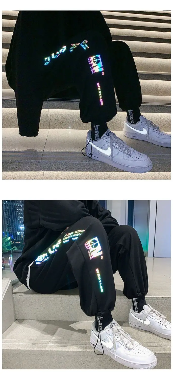 Homens reflexivos letras sweatpants estilo coreano solto ajuste corredores calças de perna reta casual streetwear calças moda ao ar livre