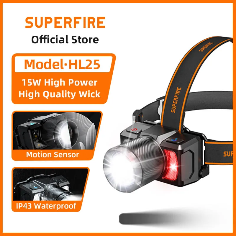 SUPERFIRE HL25 LED Headlamp Portable Zoom USB C Rechargeable Powerful Headlight Sensor Head light Front Camping Fishing Lantern