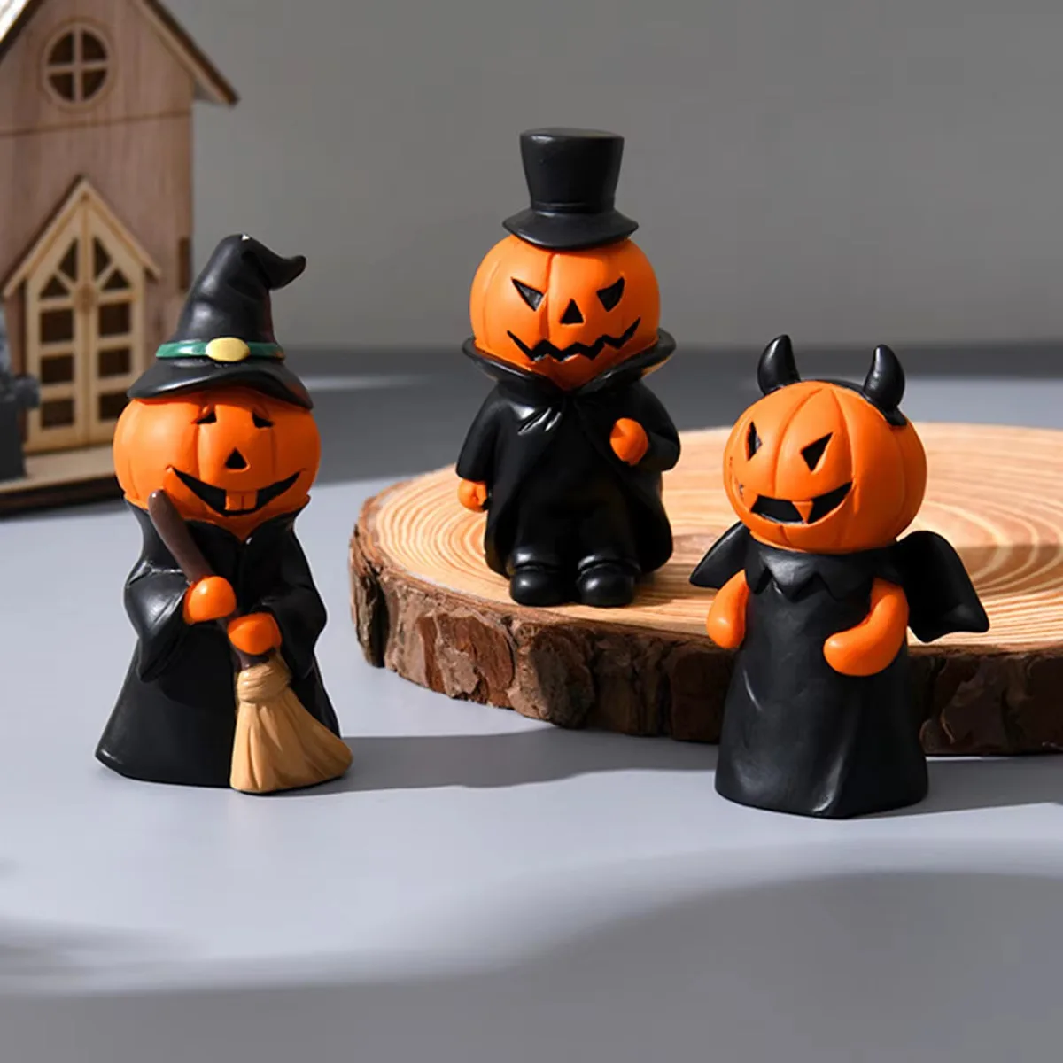 Cute Mini Halloween Pumpkin Character Resin Statues Witch Devil Gentleman Desktop Tabletop Decor Gifts
