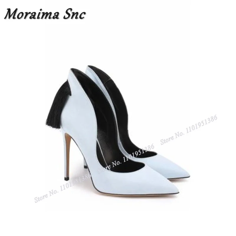 

Moraima Snc White Back Tassel Pumps Fringe Slip on Shoes For Women Shallow Shoes Pointed Toe Stiletto Heels Zapatillas Mujer