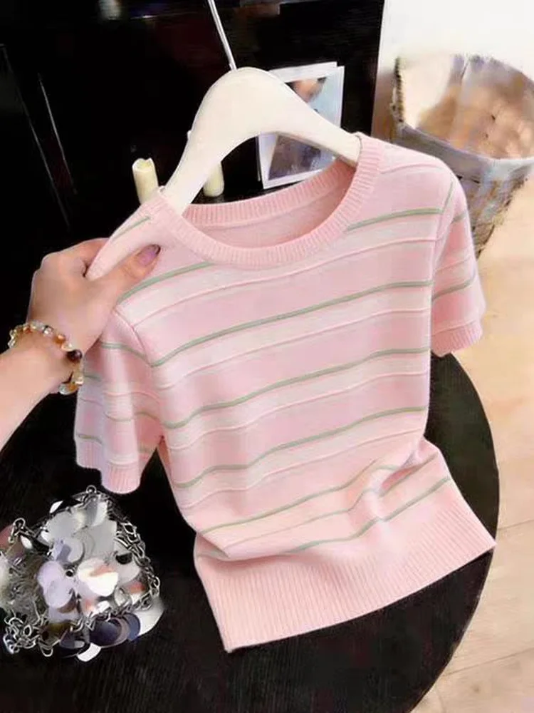 

Premium Stripe Pink Dopaamine Shoulder Short Sleeve Women's T-shirt Summer 3D Design Korean Style Top Skin-friendly Breathable