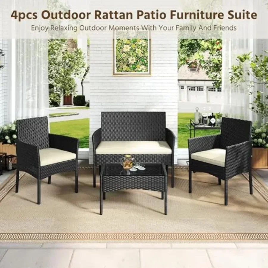 Patio Furniture Set 4 Pieces Conversation Sets, Rattan Chair Wicker Set Loveseat with Soft Cushion and Glass Table for Backyard