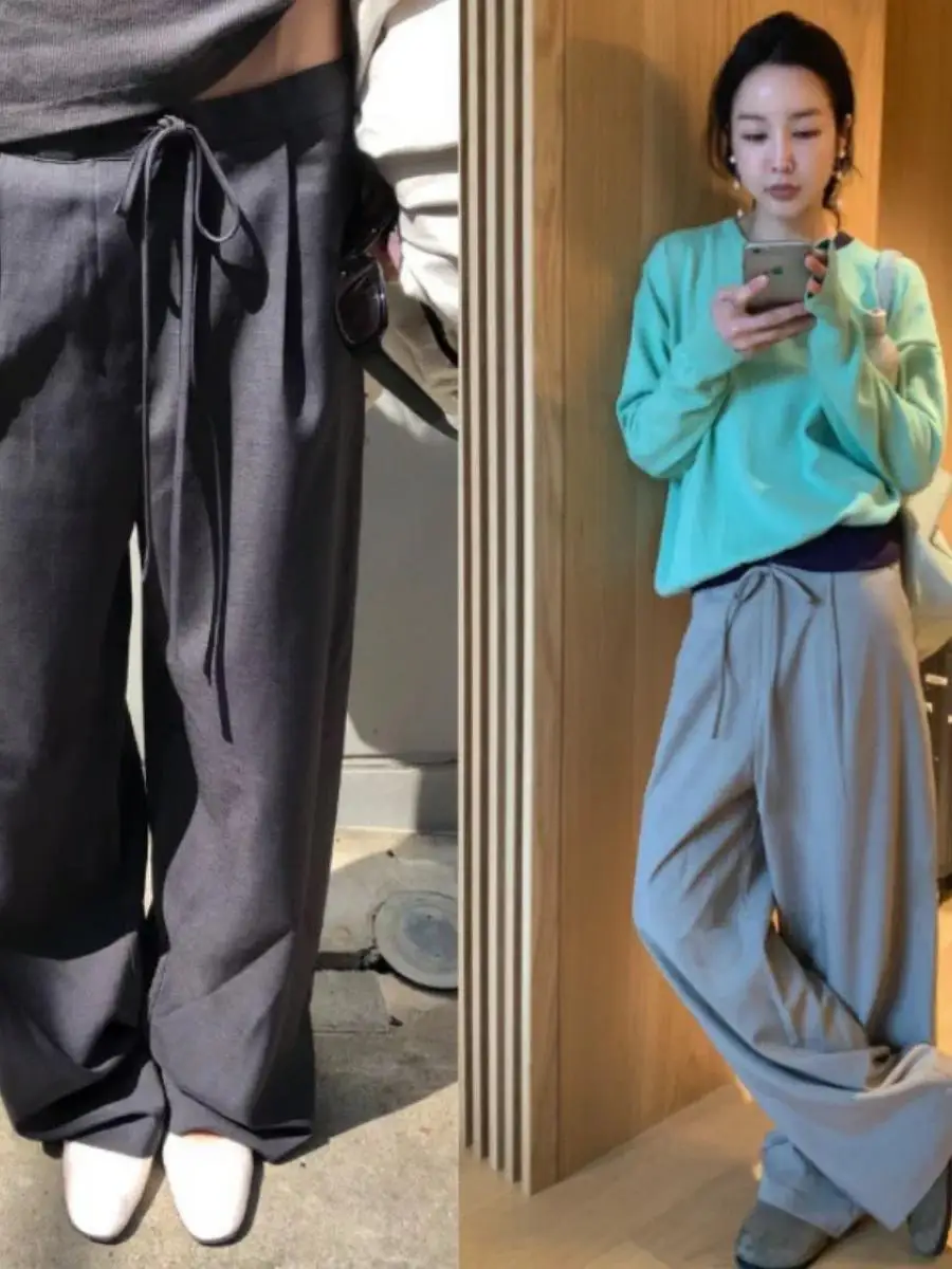 Loose Fit Wide Leg Suit Pants Women's Drawstring Floor Length Trousers Dongda Gate Style Casual Cotton Straight Leg Trousers