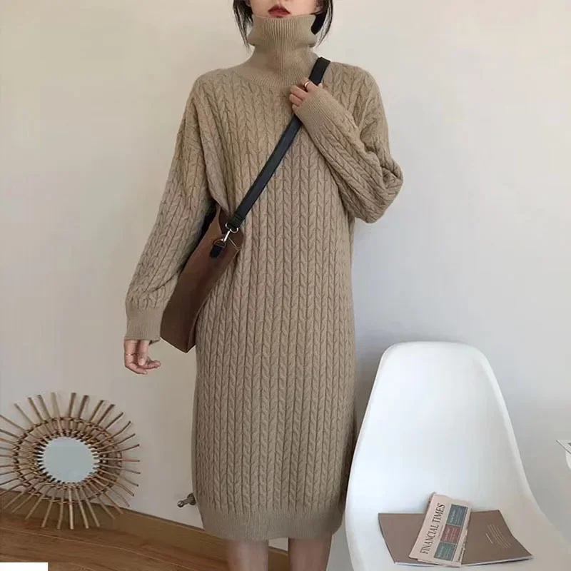 Winter Women\'s Sweater Dresses Korean Version Casual Commuter High Collar Loose Thickened Warm Pullover Long Dress Women Clothes