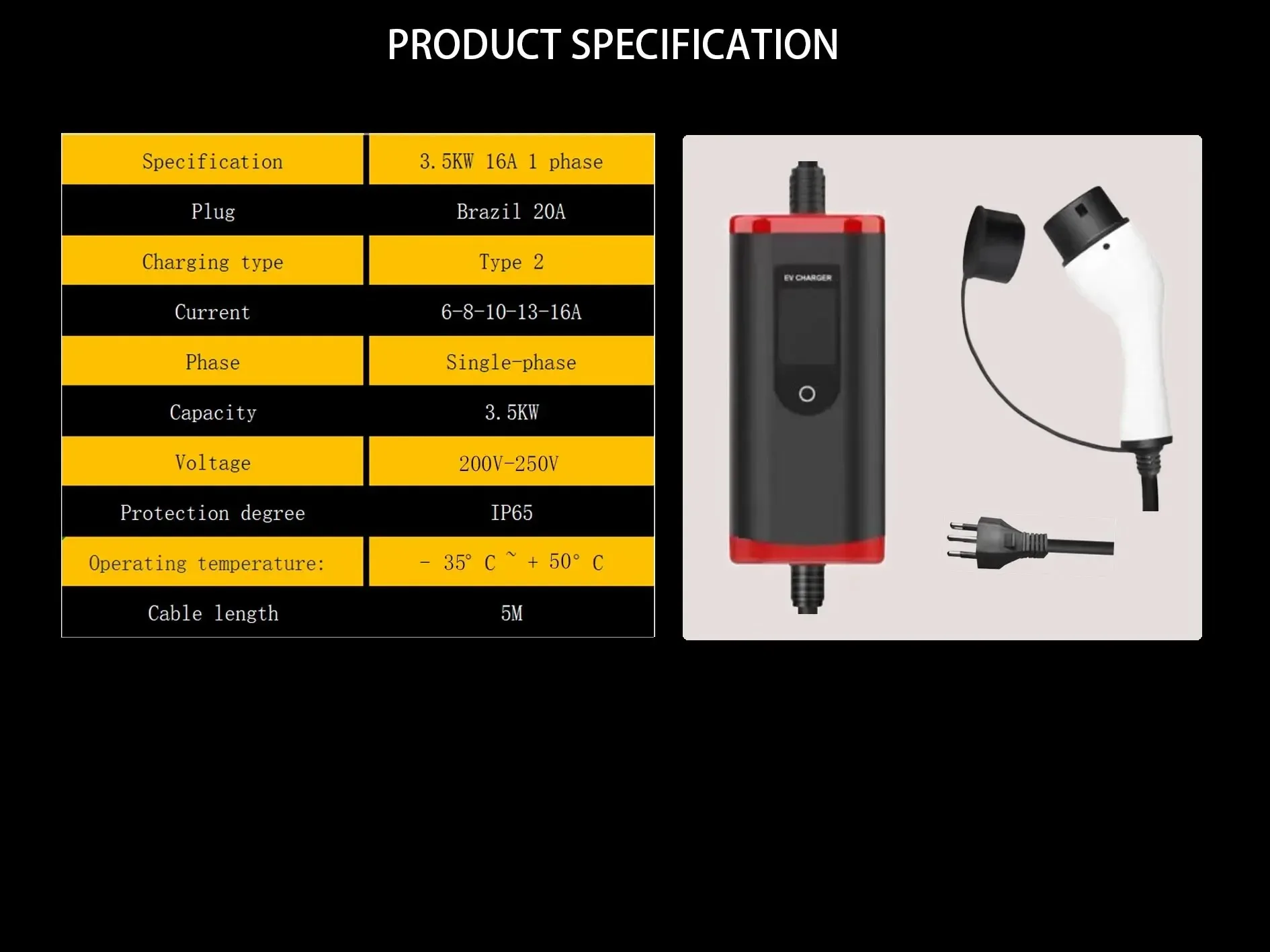 Evthsla ev carregador portátil type2 plug 16a 1 fase 3.5kw wallbox estação de carregamento 5m carregador de carro para veículo elétrico 110v/220v