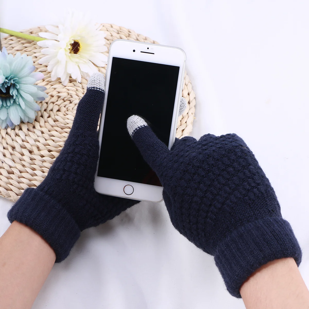 Solid Touch Screen Gloves Women Men Warm Winter Stretch Knit Mittens Wool Full Finger Female Crochet Mitt Luvas (Blue)