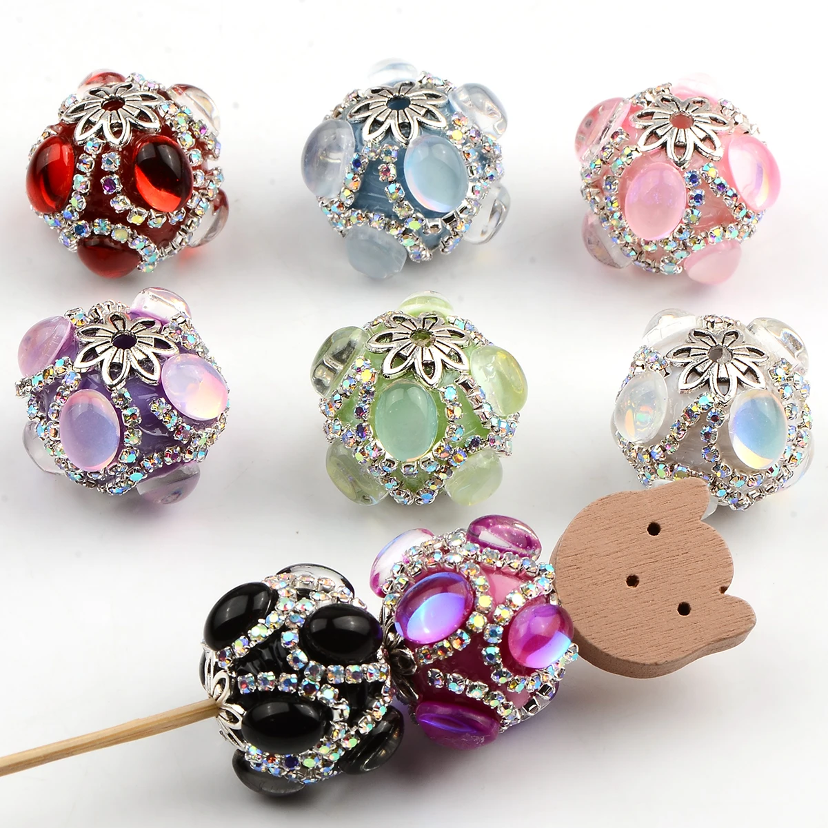 5pc Acrylic Rhinestone Loose Space Bead,Mix color ABS Vintage Round Bead for DIY Jewelry Making-Ideal for Necklace,Bracelet,Earr