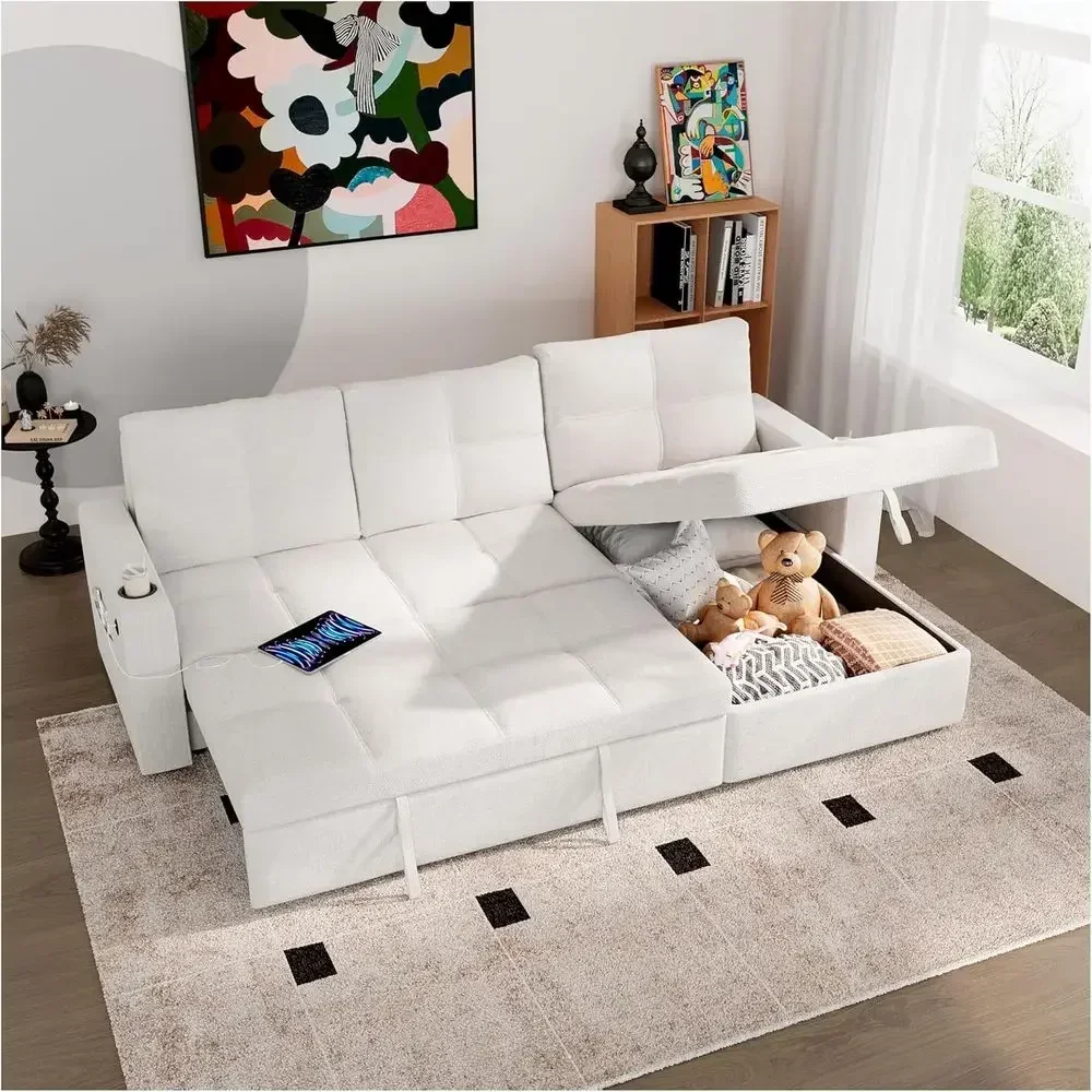 85 Sectional Sleeper Sofa with Storage, Pull-Out Couch, Reversible Chaise, Cup Holders, USB Ports, Side Pockets, Comfortable for