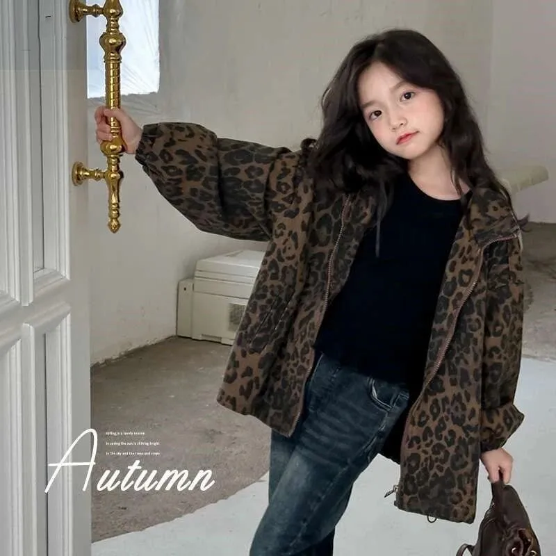 Girls' Autumn Leopard Coat Spring and Autumn New Style Middle and Large Children's Fashionable Zipper Jacket
