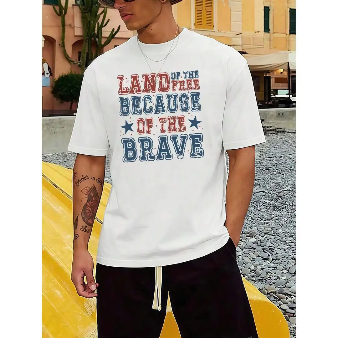 

Land of the Free Because of the Brave Graphic T-Shirt Men’s Patriotic Cotton Tee for 4th of July, Memorial Day or Veterans Day