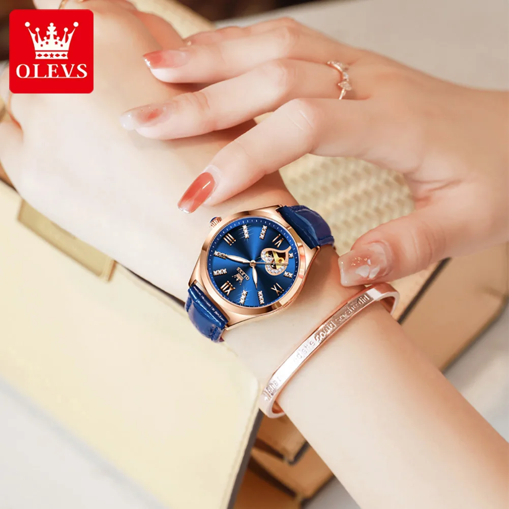 OLEVS New Luxury Diamond Mechanical Watch for Women Leather Strap Waterproof Fashion Rose Gold Case Automatic Watch for Women