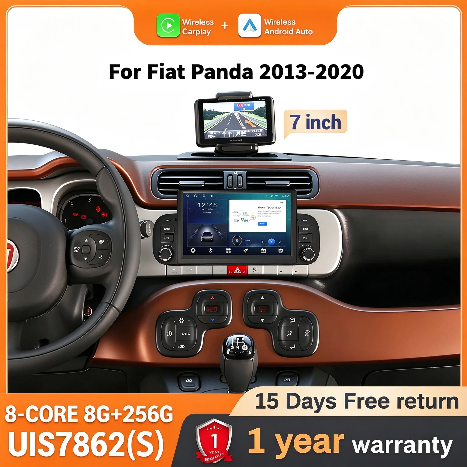 7 Inch Car Radio Android 14 For Fiat Panda 2013-2020 GPS Wireless Bluetooth CarPlay 7862 Head Unit Touch Screen
