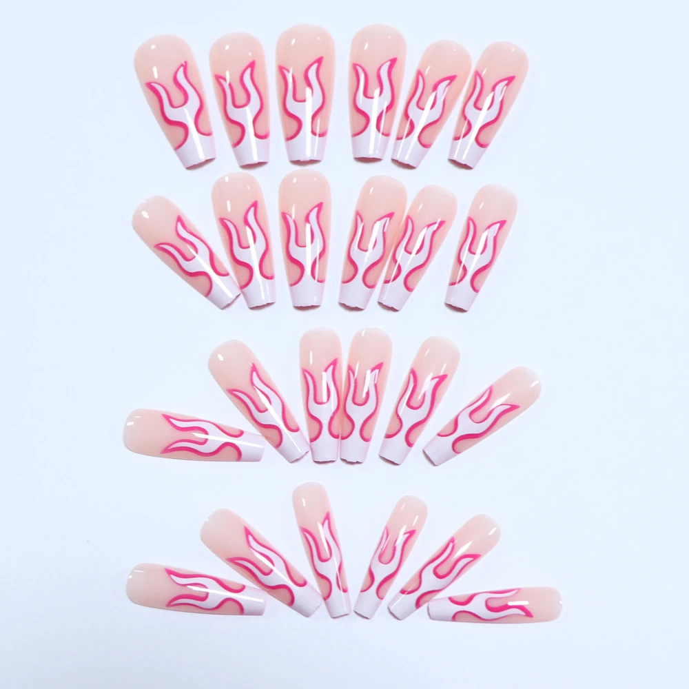 Elevate Your Style With 24pcs Long Coffin White Flame Full Cover Fake Nail Set - Medium Ballerina  Rose Flame Press On Nails Des