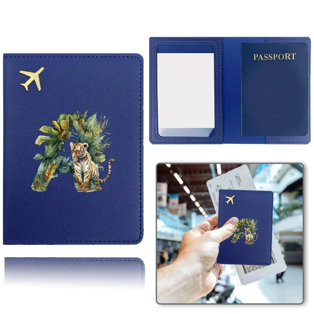 Fashion Pu Passport Cover Business Passport Clip Airplane Passport Case Bank Card Organizer Cover Jungle Tiger Letter Pattern