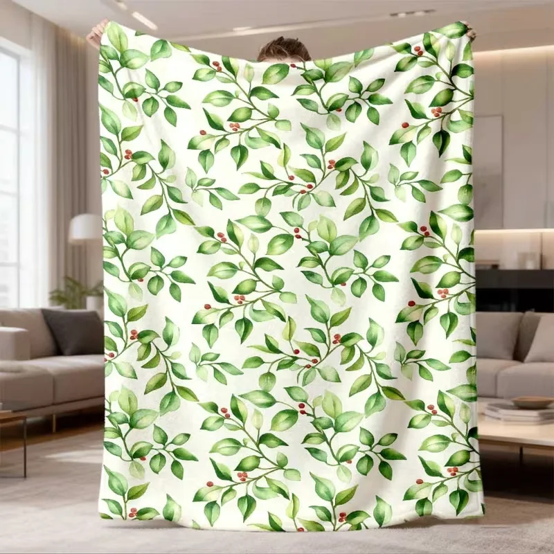 Watercolor Light Green Leaf Sprig Print Blanket Soft Botanical Blanket Minimalist Plant Style Sofa Bed Nap Blanket