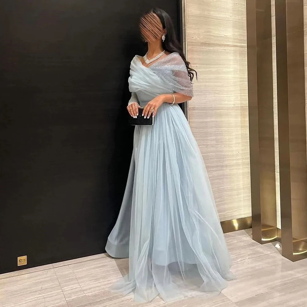 

Dubai Evening Caftan Dress Half Sleeves A-Line V Neck Floor Length Sweep Train Pleats Sequined Dresses For Formal Occasions 2024