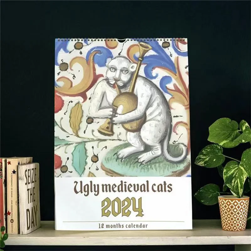 

J1UL1N 1 Piece Weird Medieval Cats Calendar Funny Weird Medieval Cat Calendar 2024 Cat Walk Weird Medieval Calendar Paper