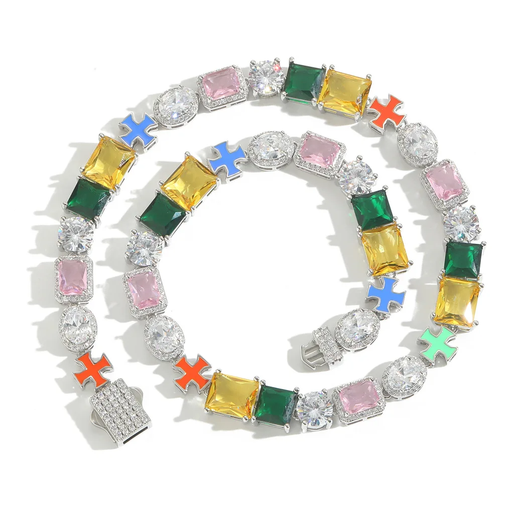 

10mm Mix Color Cz Stones Necklaces for Men Women Iced Out Colorful BaguetteCZ Bracelets Fashion Jewelry for Rappers