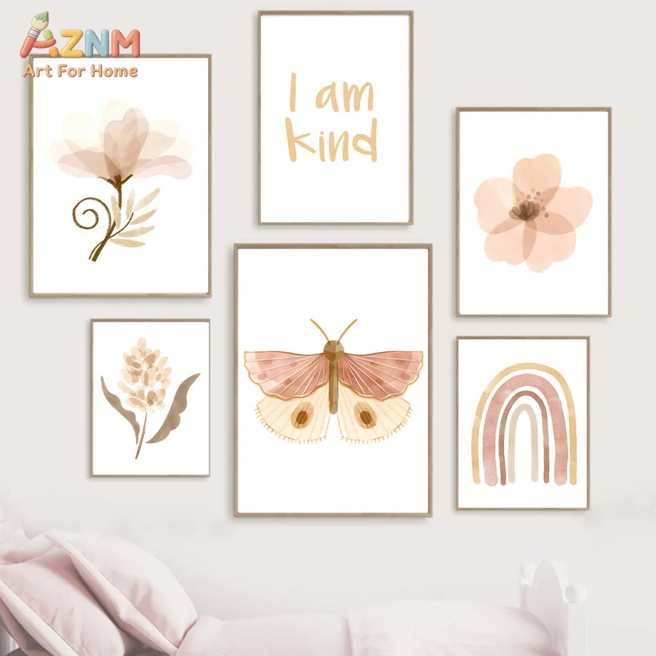 AZNM Watercolor Boho Pink Floral Moth Rainbow Canvas Print I Am Kind Positive Quote Pastel Neutral Wall Poster Unframed Girls Be