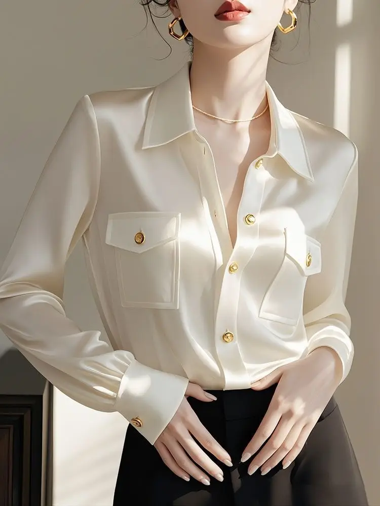 French Polo Collar Solid Color Long Sleeve Shirts Women Spring Autumn Chic High-End Blouse Lady Casual Shirt Ladies Blouses