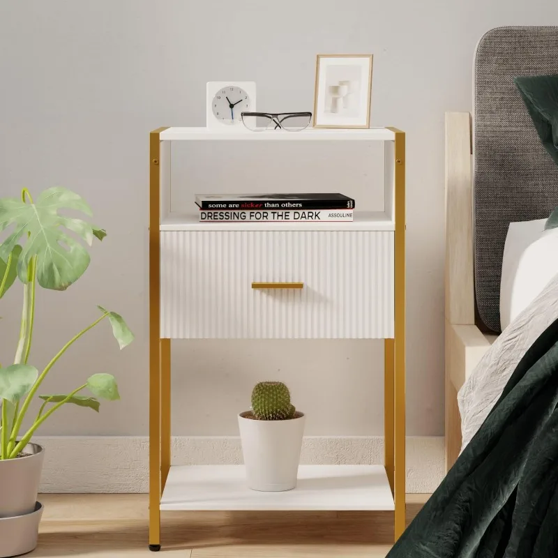 

Modern Nightstand, White and Gold Side Table with Drawer, Fluted Bedside Table with 3 Storage Shelves for Living Room, Bedroom
