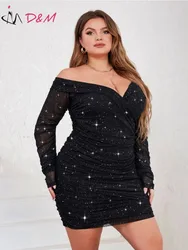 D & M-Vestido feminino fora do ombro Ruched Glitter Bodycon, baile, festa, boate, sexy, marca, 2023