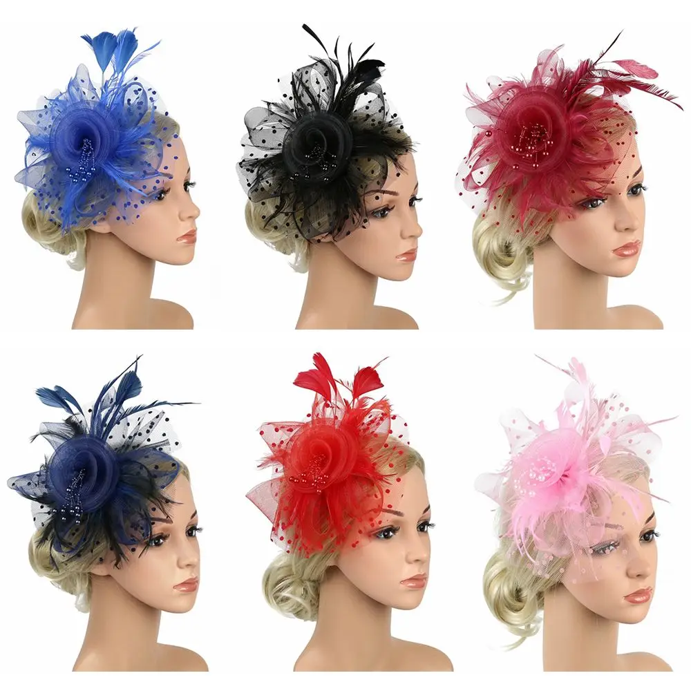 Cocktail Mesh Flower Feathers Hair Clip Fascinator Hat for Women Tea Party Headband Hair Accessories