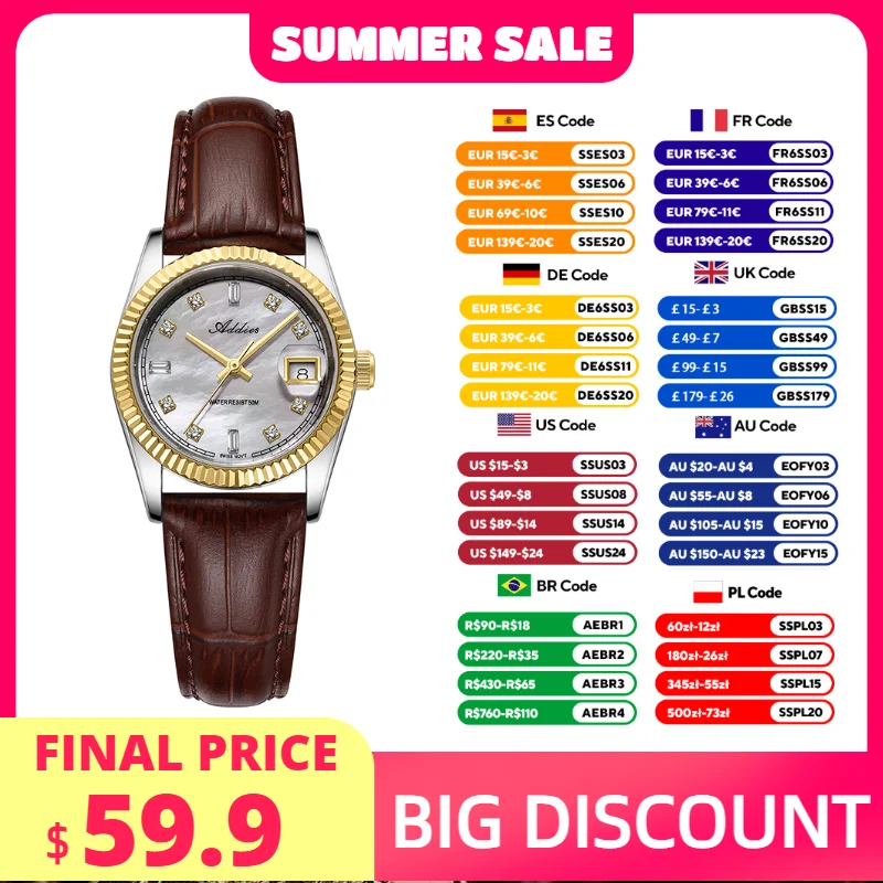 

ADDIES Women's Quartz Watch Luxury 585 Movement Ladies Watches 28mm 50m Waterproof Stainless Steel Fashion Watch AW25905 New