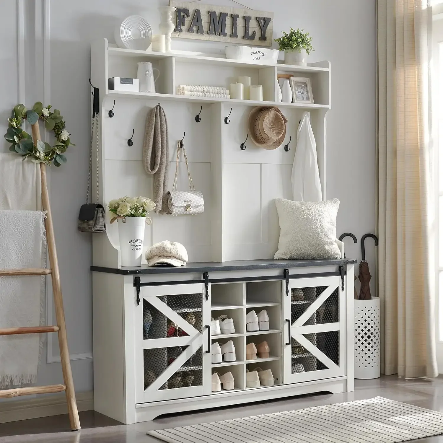 Farmhouse Entryway Bench with Coat Rack,  Shoe Storage Bench, Sliding Barn Doors, Mudroom Storage Cabinet, Off White