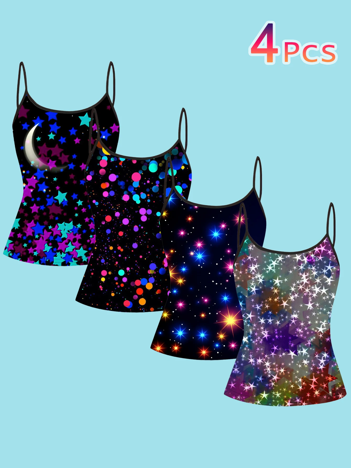 4-Pack Women's Y2K Starry Sky Print Camisole, Black Base with Stars and Moon, Colorful Dots, Glittering Stars, Slim-Fit Spaghetti Strap Inner Top