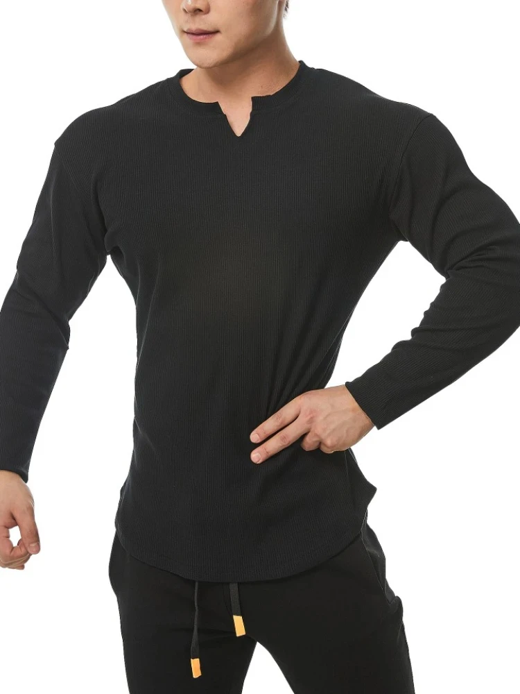 2024 Sports Long sleeved T-shirt Men\'s V-neck Tight, Moisture wicking, High Elastic Ironing Training Running and Fitness Bottom