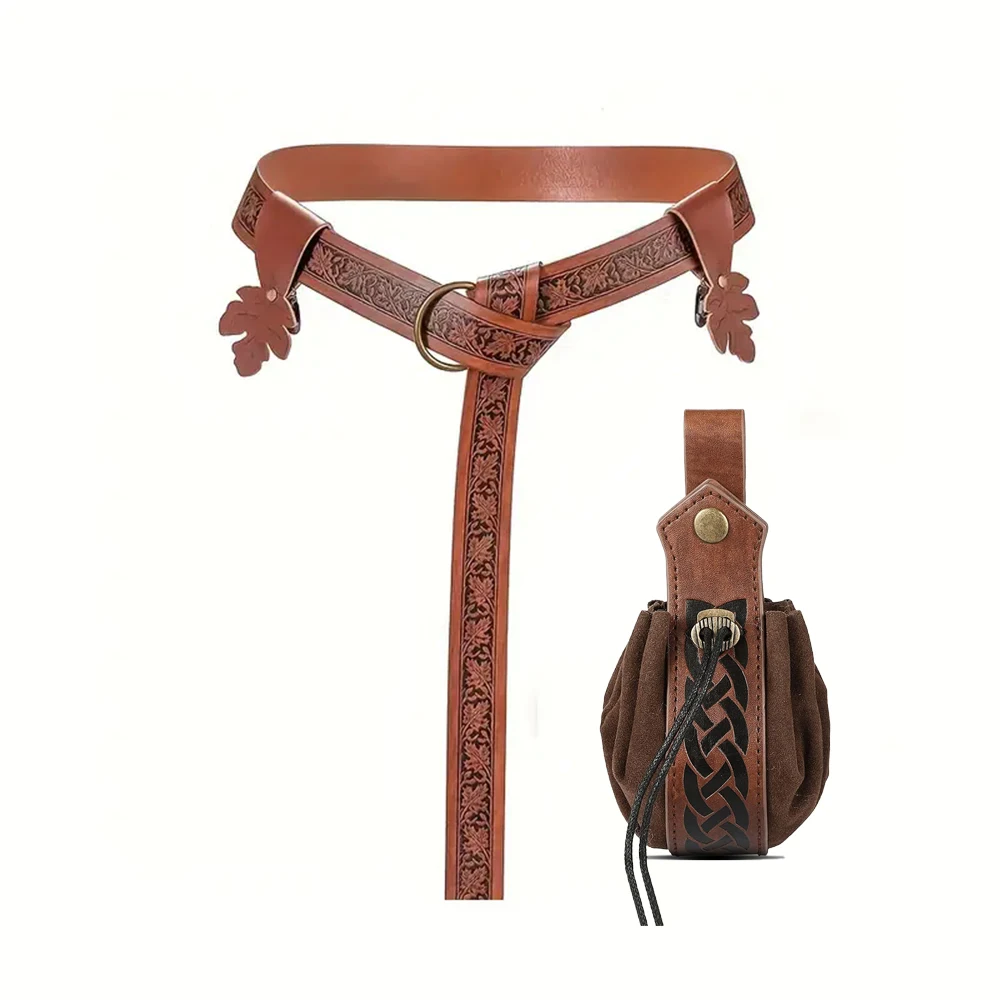 Medieval retro style belt Renaissance role-playing embossed belt elf leaf skirt clip copper money retro waist bag Cosplay Set