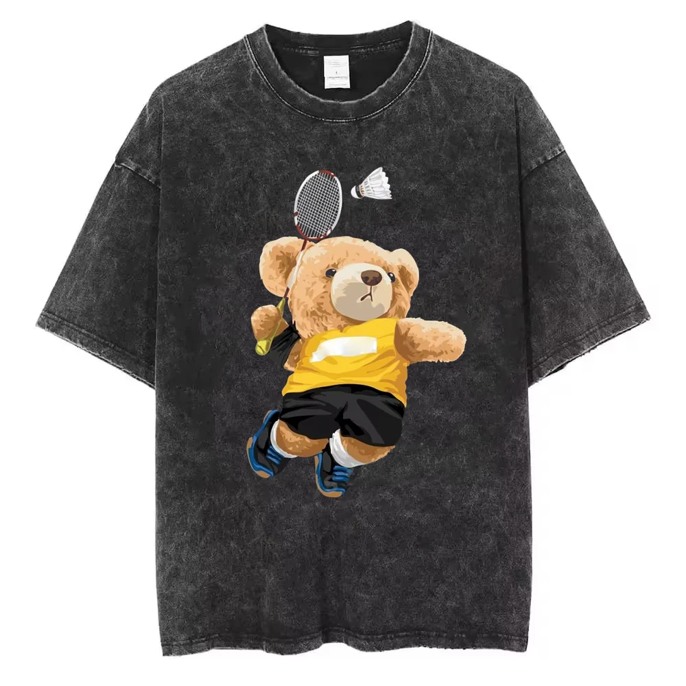 

Teddy Bear Playing Badminton Men Women Vintage Washed T Shirt Exercise Graphics Kawaii Printed Tee Cotton Casual Oversize Tops