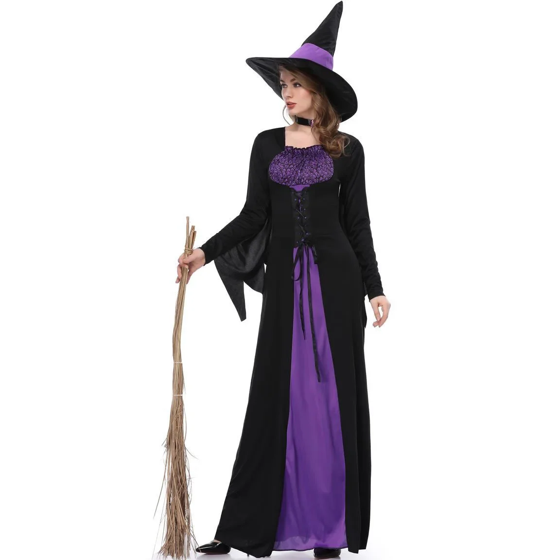 Meisjes Halloween Cosplay Heks Jurk Lange Zwarte Paarse Vampier Heks Jurk Vrouwen Verkleden Bal Prestatie Kleding Uniform