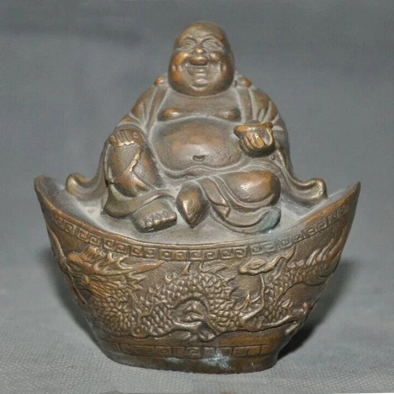 Old Chinese Buddhism Temple Bronze Wealth Ingot Maitreya buddha Statue