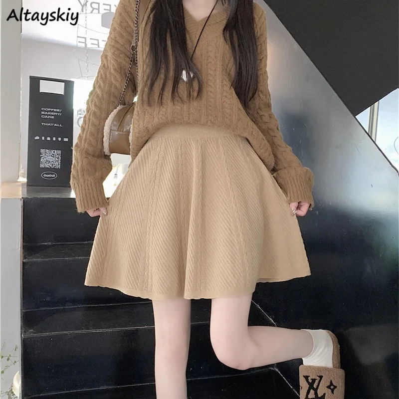 

Вязаные юбки женские модные простые осенне-зимние трапециевидные юбки в корейском стиле Harajuku с высокой талией эстетические Faldas эластичные универсальные Ins