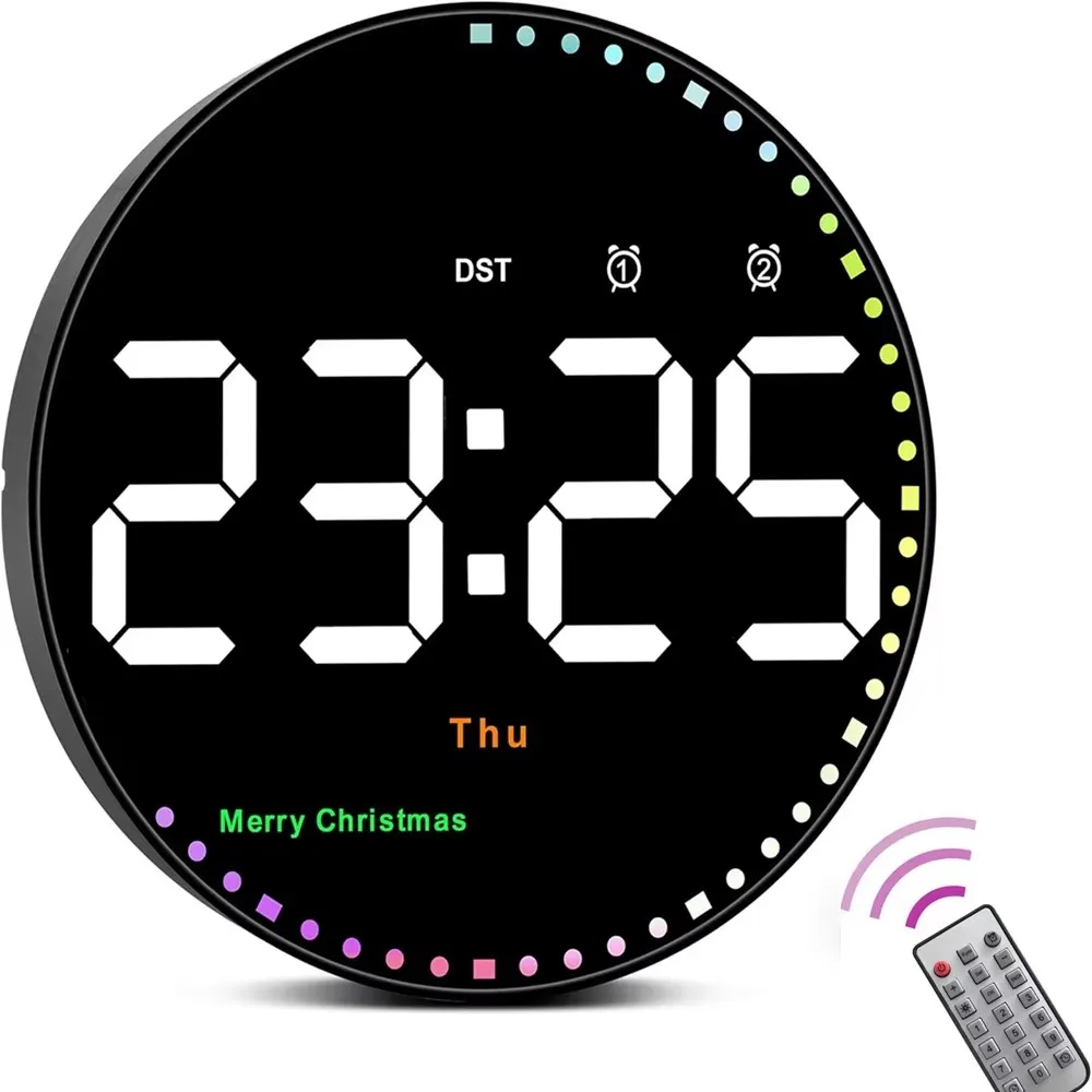 Relógio de Parede LED Colorido de 10 Polegadas com Controle Remoto WOKLOK para Decoração de Casa com Exibição de Temperatura e Alarmes Duplos