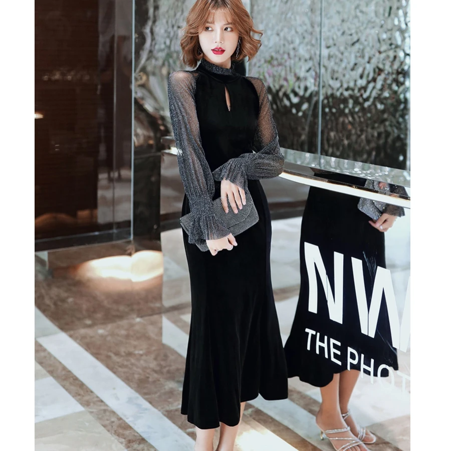 Black Velvet Fishtail Dress for Women, Long-Sleeved Robe, Maxi Dresses, Sexy, Slim, Mesh, Elegant, Luxury, Korean, Autumn/Winte