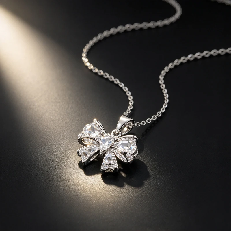 Y2K Silver Brass Necklace, Clear Zircon Bow Pendant, necklaces y2k, unique jewelry, perfect for outing, club & birthday gift