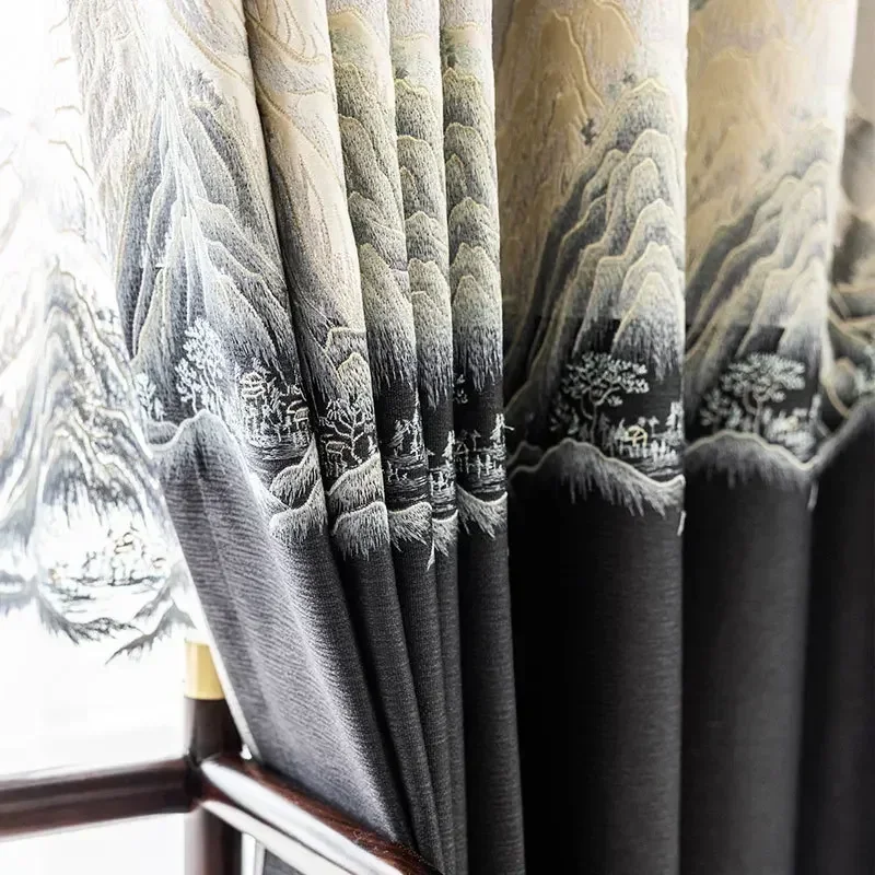 

New Full Blackout Curtains for Living Room Landscape Painting Bedroom Window Screens Chinese Wind Yarn Curtain