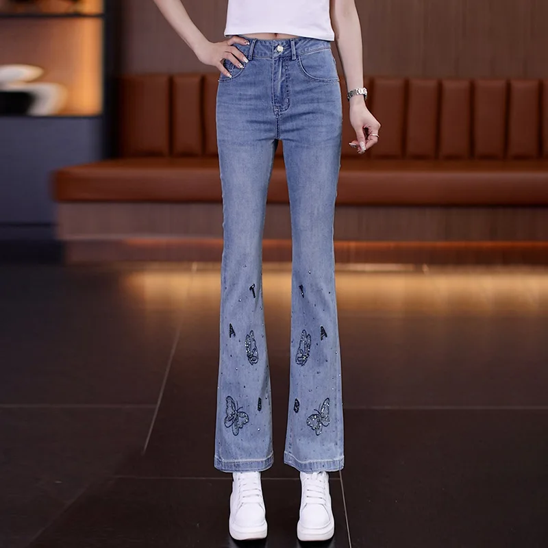 

High Waist Slim Fit Embroidered Flared Jeans for Women, Autumn Season, Slimming and Versatile Bootcut Pants